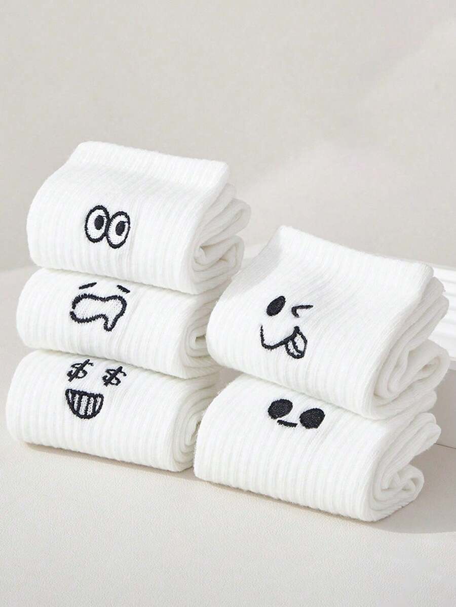 5 Pairs/Pack White Couple Cartoon Expression Design Simple & Breathable Socks - Multicolor - View 1