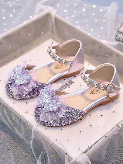 1 Pair Girls' Rhinestone Closed Toe Ballet Flats, Soft Sole Butterfly Pearl Crystal Glossy Princess Sandals For Daily Casual Wear