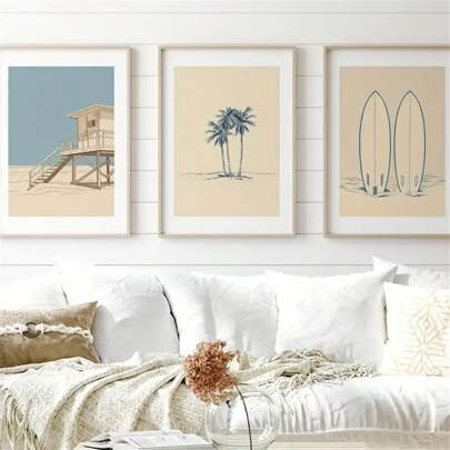 1 pieza/3 piezas Decoración de pared de arte vintage con tema costero, pósteres minimalistas con diseños de palmeras y tablas de surf, escenas marinas, impresiones en lienzo, pinturas de moda para sala de estar, dormitorio, oficina en el hogar, dormitorio, opción de marco, arte de pared con marco