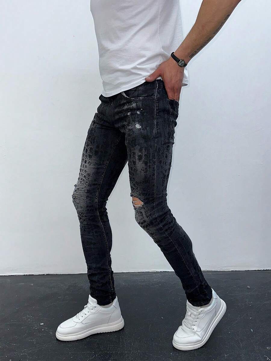 Men's Black Acid-Washed Skinny Jeans With Crocodile Texture & Ripped Detail - Black - View 1