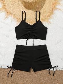 年轻女孩夏季纯黑色细肩带比基尼套装（含平角内裤） - 黑色 - 查看 8