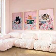 1pc Gift Funny Tabby Cat Reading Books Wall Arts Posters Vintage Wall Canvas Painting Book Lover Pet Decoration Pictures Print Optional Frame ,Wall Art With Frame - Multicolor - View 4