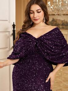 Đầm dạ hội trang trọng đính sequin lấp lánh viền đuôi cá Fuaheng cỡ lớn cho nữ, Quần áo mùa thu cho nữ - Màu tím - Xem 5