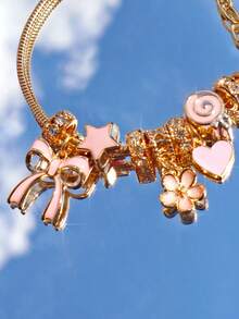 1pc Y2K Pink Cherry Blossom Charm Bracelet, Cute Floral Bracelet, New Year 2025 Party Gift, Friends Memorial Gift - Gold - View 8