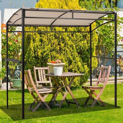  GOFLAME 9Ft Grill Gazebo, Outdoor BBQ Canopy With Storage Shelf And Utensil Hooks, Stylish Arched Grill Shelter With Rust-Resistant Metal Frame, Waterproof Sunshade Awning For Backyard, Patio