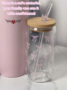1 Set 16oz Transparent Coffee Mug With Bow Pattern, Includes Bamboo Lid & Straw, Large Capacity Outdoor Travel Portable Drink Juice Cup, Suitable For Summer And Winter, Birthday Party Holiday Gift, Christmas Present