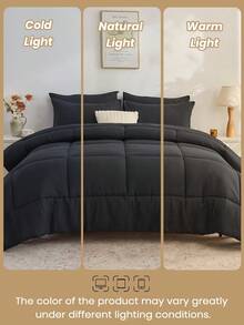 5/7pcs Comforter Set, Bedding, Cozy And Warm Bedding, Solid Color, Easy Care And Comfortable, Breathable Bed Set, For Twin, Full, King, Queen Bed Sizes, Suitable For Bedroom, Mothers Day Decor, Guest Room, Dormitory, All Seasons, Mothers Day Gift, Machine Washable, 1 Comforter, 1 Flat Sheet, 1 Fitted Sheet And 2/4 Pcs Pillowcases - 黑色 - 查看 7