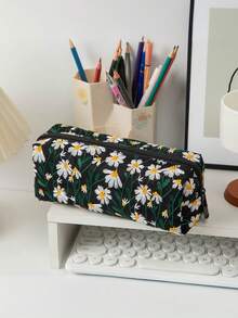 1 Korean Ins Style Daisy Canvas Pattern Large Capacity Pencil Case,Back To School,School Supplies,Pencil Pouch,School Bag - Multicolor - View 2