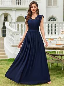 Elegant Lace Bodice V-Neck Scallop Sleeve Contrast Chiffon Pleated Hem Formal Evening Party Long Dress, Homecoming Dress, Wedding Guest Dress, Bridesmaid Dress, For Birthday, Graduation, Formal Events