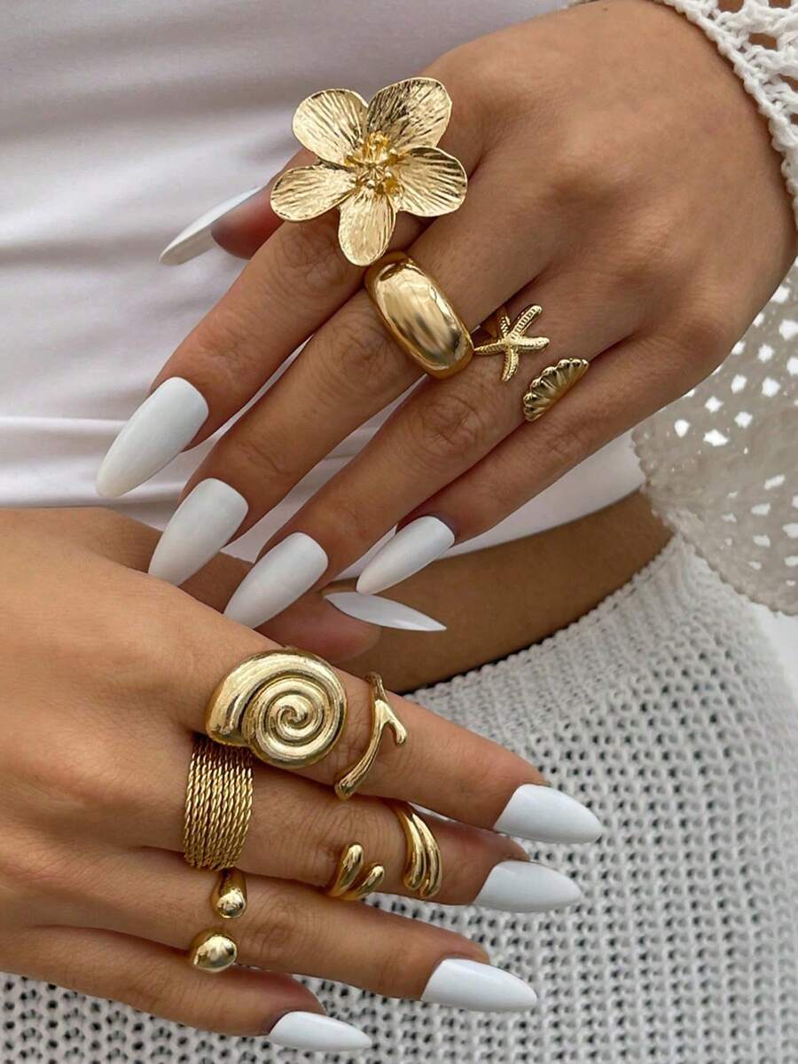 8pcs/Set Vintage Smooth Marine Flower Knuckle Rings, Starfish & Seashell Open Rings, Bohemian Style Elegant Rings For Women, Suitable For Party, Vacation, Daily Wear, Great Gift For Friends And Family - Gold - View 1