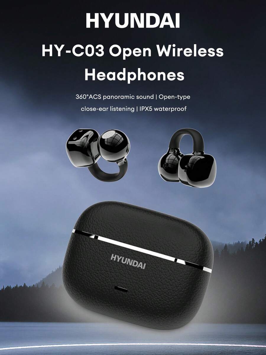 HYUNDAI 现代 HY-C03 简约蓝牙耳机，骨传导，长播放时间，低延迟，环绕声，高保真音乐，游戏，通话，降噪，麦克风，运动，跑步，商务，适用于智能手机和电脑的无线耳机耳夹式耳机