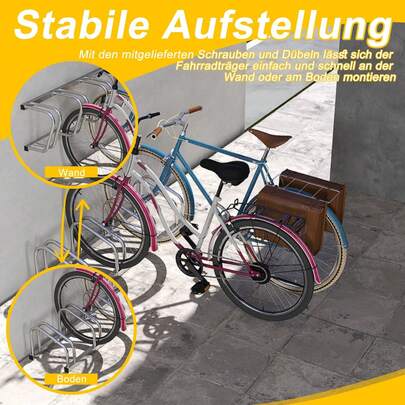 VA-Cerulean Portabiciclette in acciaio zincato, portabiciclette per 2/4/6/8 biciclette, portabiciclette per pneumatici da 30-65 mm, supporto di montaggio per montaggio a pavimento o a parete, argento/nero