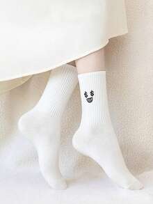 5pcsWhite Couple Cartoon Expression Design Simple & Breathable Children's Mid-Calf Socks - White - View 2