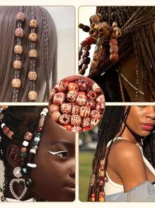 Large Hole 100 Beads Wooden Painted Hair Beads, Hair Accessories, Hair Style Beads, Suitable For Braiding, Plaiting And DIY (Including Black Professional Needle) Hair Clips, School Stuff
