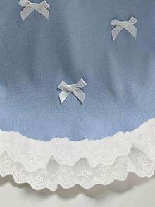 Girls Bow Decor Ruffle Trim Cute Camisole Top, Suitable For Spring/Summer - Blue - View 3