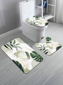 1/3pcs Modern Home Green Leaf Pattern Bathroom Set, Including Bath Mat, U-Shaped Mat, Toilet Seat Cover, Anti-Slip Thick Soft Carpet Mat For Bathroom, Toilet, Living Room, Washable