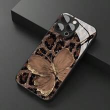 1pc Luxury Butterfly & Leopard Patterned Glass Material Phone Case, High-End Elegant For IPhone