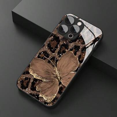 1pc Luxury Butterfly & Leopard Print Glass Material Phone Case, High-End Elegant Design, Compatible With IPhone, Tempered Glass Material