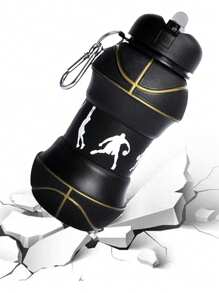 Basketball Collapsible Water Bottle 550ml - Foldable Silicone Sports Cup With Carabiner, Leakproof Travel Water Bottle For Gym, Hiking, Camping, Outdoor & Basketball Fans (Black Gold)