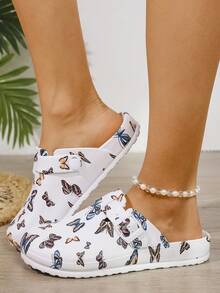 Women's Fashion Slip-On Nurse Shoes, White EVA Flat Slippers With Butterfly Water Print, Protective Toe Work Shoes For Doctors/Nurses, Non-Slip & Wear-Resistant - White Butterfly - View 3