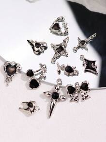 11pcs/Set Silver Tone And Black Diamond-Encrusted Edgy DIY Earring And Necklace Jewelry Set