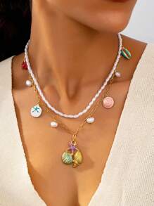 1pc Double Layer Pearl Beaded Bamboo Joint Layered Necklace With Starfish, Shell, Crab Pendants, Ocean Holiday Style For Women, Suitable For Beach Party