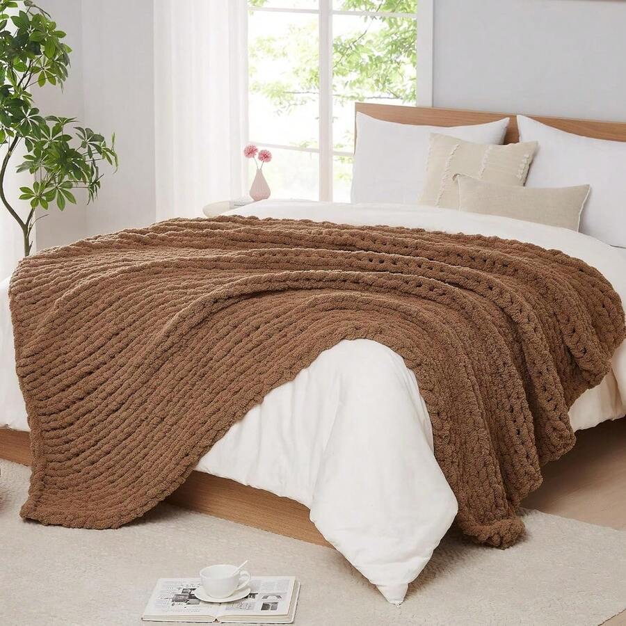 Chunky Knit Blanket - Soft Chenille Yarn Throws 40x50: Handmade Thick Cable Crochet Blanket - Large Chunky Yarn Rope Knot Throw For Couch, Sofa, Bed Home Decor - 棕色 - 查看 1