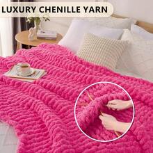 Chunky Knit Blanket - Soft Chenille Yarn Throws 40x50: Handmade Thick Cable Crochet Blanket - Large Chunky Yarn Rope Knot Throw For Couch, Sofa, Bed Home Decor - 玫紅色 - 查看 3