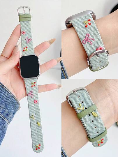 1 件女式刺绣蝴蝶结、花朵、樱桃水洗牛仔皮革表带，兼容 表带 38 毫米 40 毫米 41 毫米 42 毫米 44 毫米 45 毫米 49 毫米 S10 42 毫米 S10 46 毫米，时尚、可爱、舒适可更换表带，兼容 Series 11 Ultra 3 SE3 Ultra 2 S10 SE2 9 8 7 SE 6 5 4 3 2 1