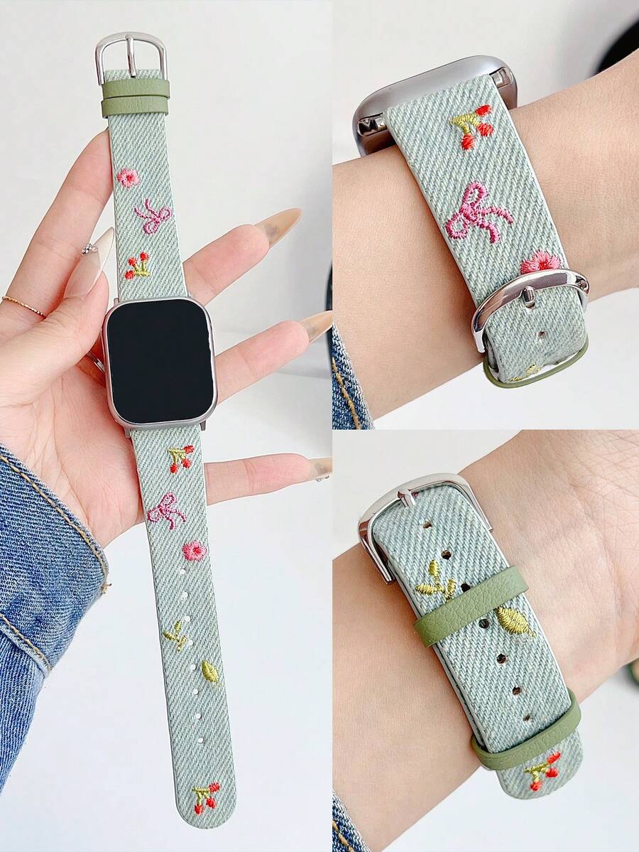 1 件女式刺绣蝴蝶结、花朵、樱桃水洗牛仔皮革表带，兼容 表带 38 毫米 40 毫米 41 毫米 42 毫米 44 毫米 45 毫米 49 毫米 S10 42 毫米 S10 46 毫米，时尚、可爱、舒适可更换表带，兼容 Series 11 Ultra 3 SE3 Ultra 2 S10 SE2 9 8 7 SE 6 5 4 3 2 1 - 淡青色 - 查看 1