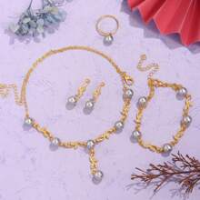 Conjunto de 4 joias femininas de pérolas artificiais em formato de folha de luxo, 1 colar com pingente + 1 par de brincos + 1 anel aberto + 1 pulseira, feito de liga de zinco com pérolas artificiais, elegante e chique, adequado para uso diário, festas, casamentos, feriados, pode ser presenteado para aniversários, festivais