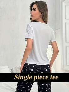 Casual Heart & Slogan Print Night Top, Short Sleeve Round Neck Stretchy Top, Women's Sleepwear - White - View 2