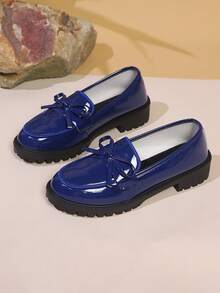 Women's Blue Thick Sole Loafers, Bow Decor Slip-On Flats, Black, Summer/All Season Retro Thick Sole Loafers