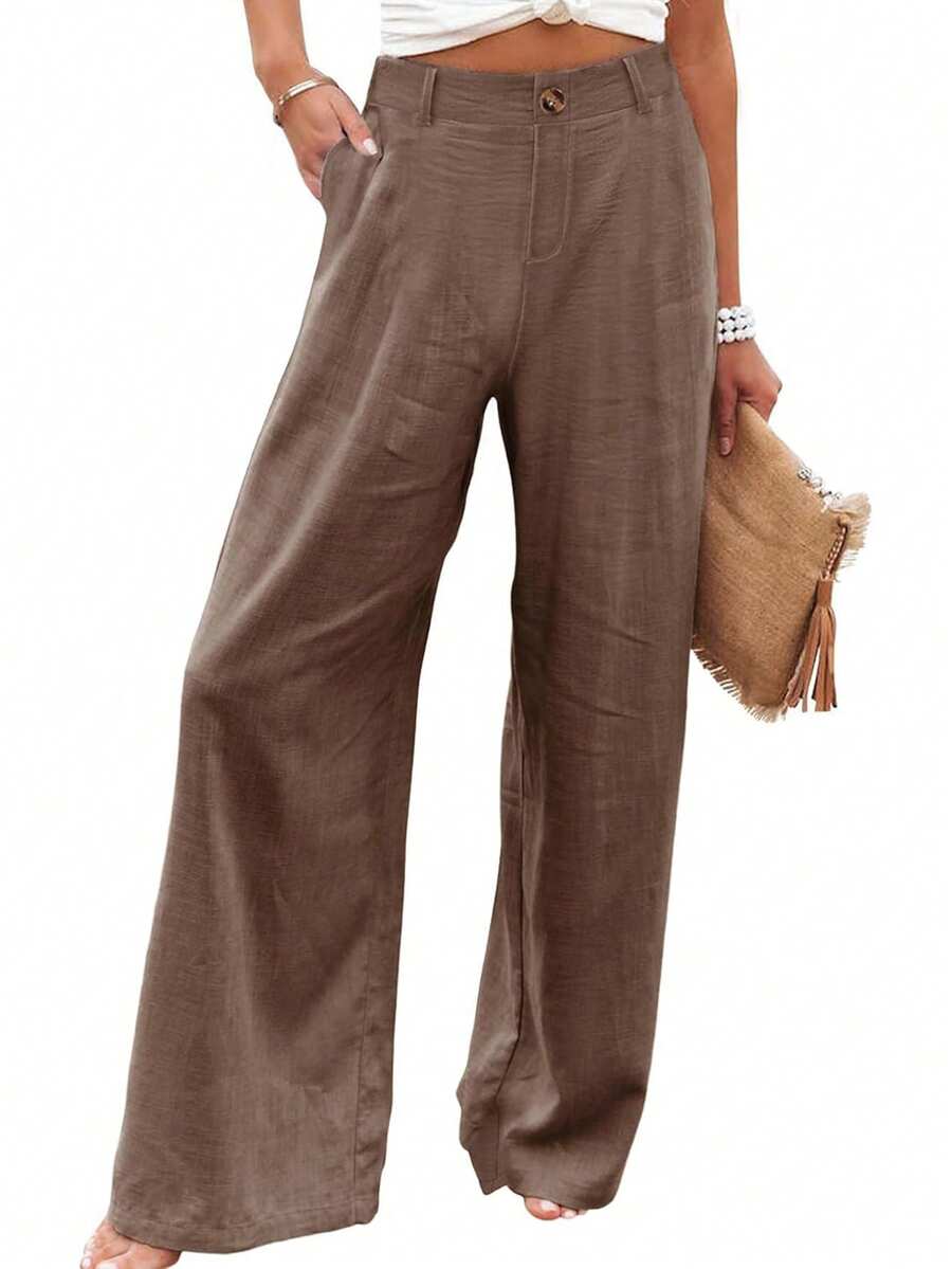 Women's Cotton Linen Trousers Casual Button Up High Waist Wide Leg Trousers - 棕色 - 查看 1