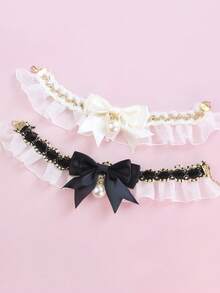 1 件白色蕾丝蝴蝶结和珍珠宠物项链，适合猫狗，日常佩戴 - 白色 - 查看 11