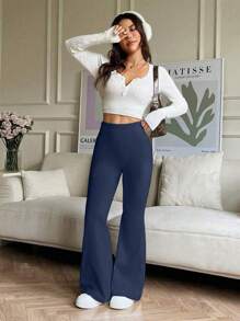 Plus Size Women's High Waist Solid Color Bell Bottom Sports Yoga Pants Compression Tights Running Workout Bottoms