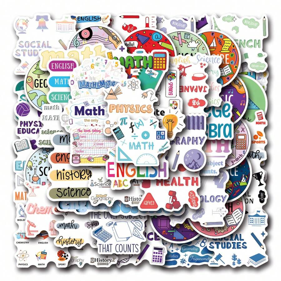 55Pcs School Subject Stickers Vinyl Aesthetics Motivational Stickers Scrapbook, Journaling, Laptop, Bumper, Skateboard, Water Bottles, Computer, Phone, Cartoon, Hard Hat, Car Stickers - Multicolor - View 1