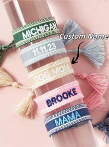 1pc Customized Name Woven Bracelet, DIY Embroidered Tassel Wristband, Commemorative Holiday Gift, Personalized Tassel Friendship Bracelet, Embroidered Bracelet, Mother's Day Customized Name Bracelet, Colorful Boho Embroidered Name Couples Bracelet, Adjustable Multi-Color Couples Embroidered Name Bracelet, Personalized Birthday Gift For Friends, Christmas Embroidered Bracelet, Customized Fashionable Student Bracelet, Dopamine Colorful Bracelet, Customized Embroidered Woven Bracelet,Black,Pink,White,Blue,Stylish,Colorful,Vintage,Simple,Unisex,Casual,Cuties,Custom,Personalized,Unique,Ideal Gifts For Him,Ideal Gifts For Her,Her,Boyfriend,Girlfriend,Dad,Mom,Family,Friends,For Anniversaries,For Birthdays,For Graduation,For Prom,For Party,Chic Autum, Chic Winter
