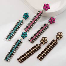 1 Pair Women's Vintage Inlaid Turquoise Long Dangle Earrings, Suitable For Banquet Wear