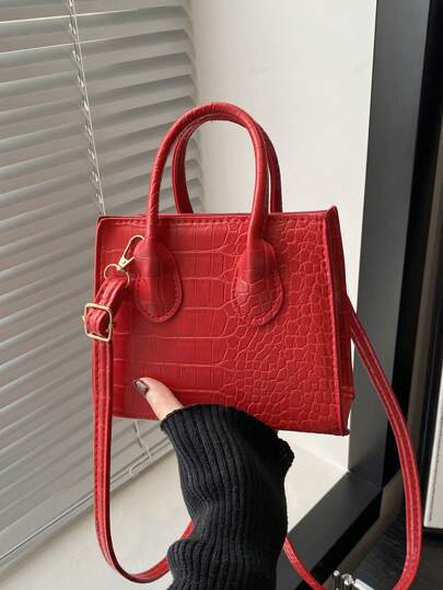 Women's New Fashion Textured Stone Pattern Small Square Bag, Dual Top Handle Crocodile Print Shoulder Bag, Versatile Casual Adjustable Strap For Travel, Shopping, Crossbody