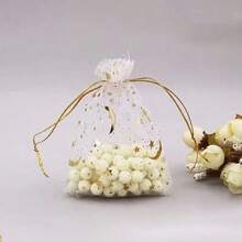 36pcs/12Set White Flower Keychain Gift Bag Candy Bag Set, Hot Stamping Star And Moon Drawstring Bag Organza Bag, Brown Kraft Paper Thank You Hanging Tag Thank You Gift Bag Tag Card Keychain, Very Suitable For Parties, Birthdays, Weddings, Colleagues, Friends, Famil