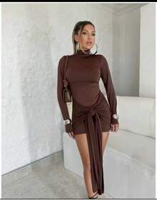 Women's Dress With Tie At The Front, Long Sleeve, Short, Suplex, High Neck, Ruffled, Winter