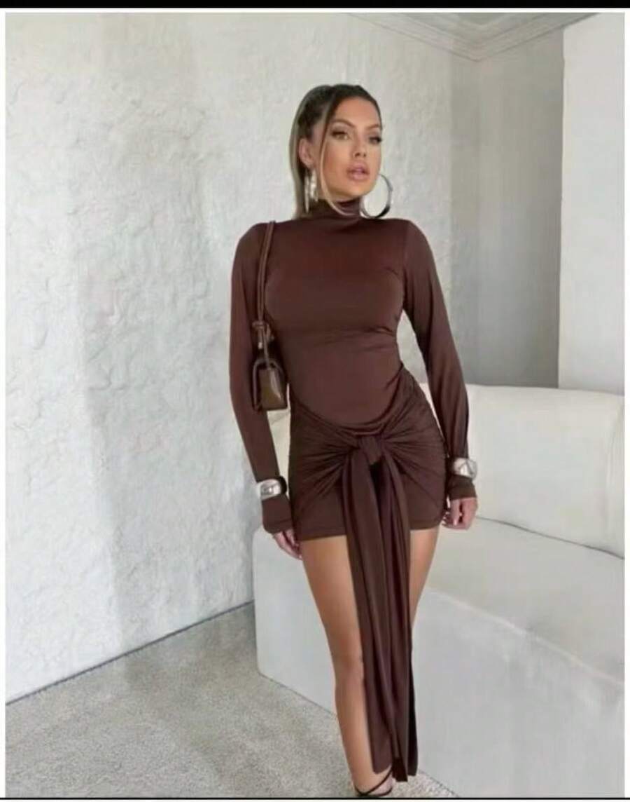 Women's Dress With Tie At The Front, Long Sleeve, Short, Suplex, High Neck, Ruffled, Winter