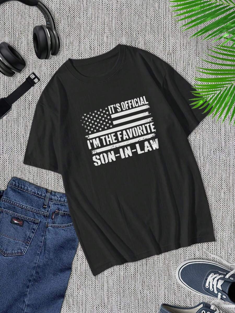 Camiseta de "Yerno Favorito" - Diseño Patriótico de la Bandera de EE. UU. - El Mejor Regalo del Día del Padre, Cumpleaños, Acción de Gracias, Navidad para Papá, Abuelo, Marido o Novio - Camiseta única con bandera estadounidense para jóvenes - Negro - Ver 1