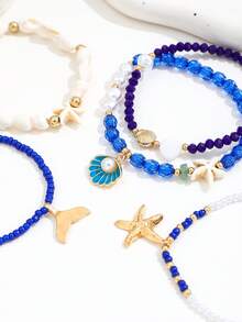 Bộ 5 chiếc vòng tay vỏ sò tự nhiên đính hạt ngọc trai mùa hè Ocean Elements, Mặt dây chuyền vỏ sò sao biển bãi biển/khu nghỉ dưỡng Vòng tay co giãn Bohemian - Xanh đậm - Xem 5
