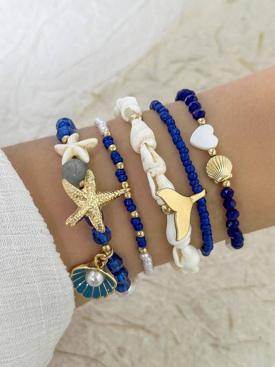 Bộ 5 chiếc vòng tay vỏ sò tự nhiên đính hạt ngọc trai mùa hè Ocean Elements, Mặt dây chuyền vỏ sò sao biển bãi biển/khu nghỉ dưỡng Vòng tay co giãn Bohemian - Xanh đậm - Xem 1