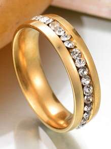 1 Pc Bling CZ Stones Ring For Men Women Lady Gold Color Stainless Steel Groove Shinny Crystal Finger Band Elegant Jewelry