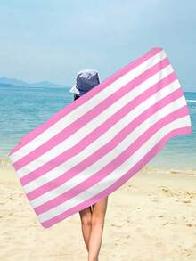 1pc Simple Striped Beach Towel, Extra Large Microfiber Quick Dry Water Absorbent Beach Towel, Anti-Sand Beach Blanket, Suitable For Travel, Swimming Pool, Yoga, Gym, Beach, Holiday Essentials (Single-Sided Printed), Beach Accessories, Pool Float - Pink - View 6
