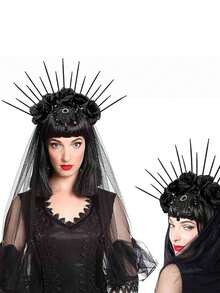 1 件哥特式黑玫瑰花头带，皇冠面纱头饰，适合万圣节、圣诞派对、新娘、角色扮演，优雅黑玫瑰花发带头饰发环服装皇冠、头饰皇冠、婚礼 - 黑色 - 查看 9