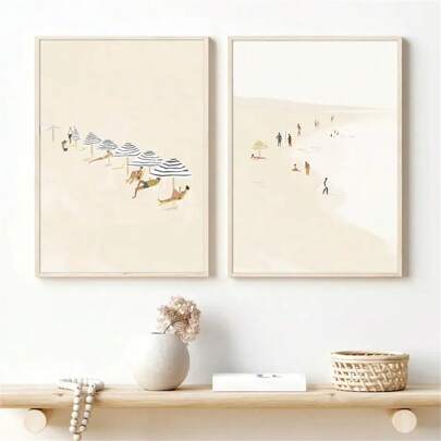 1 Pieza/2 Piezas Decoración de pared arte de playa costera de verano Pósteres minimalistas beige bohemios Pequeñas personas surfeo océano Estética Impresiones en lienzo Pinturas de moda para decoración de sala de estar, dormitorio, oficina en casa, dormitorio Diseño de fondo de pared Imagen con marco opcional